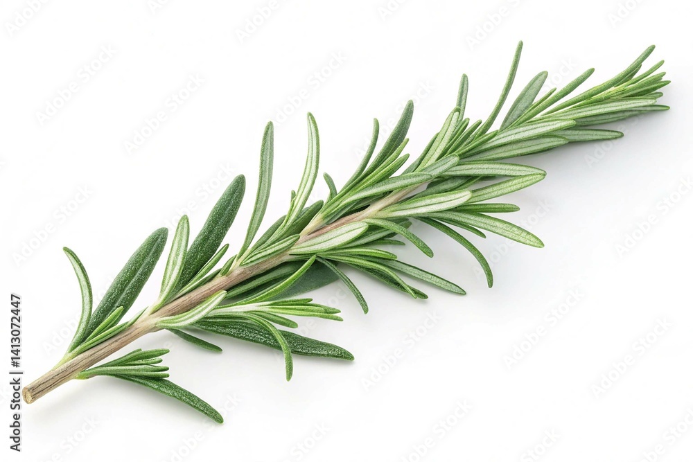 Fototapeta premium Fresh Rosemary Sprigs Isolated on White Background Culinary Herb Aromatic Plant Cooking Ingredient Natural Flavoring Mediterranean Cuisine Herbal Remedy Fragrant Leaves Green Foliage