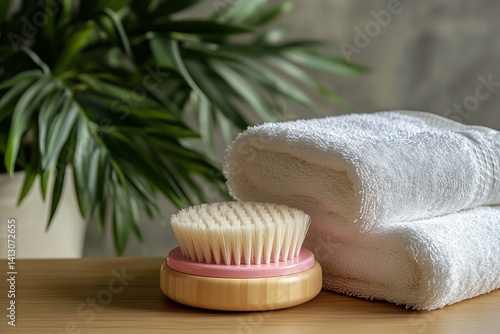 Soft Towels and a Wooden Brush on a Table Surrounded by Greenery in a Serene ...
