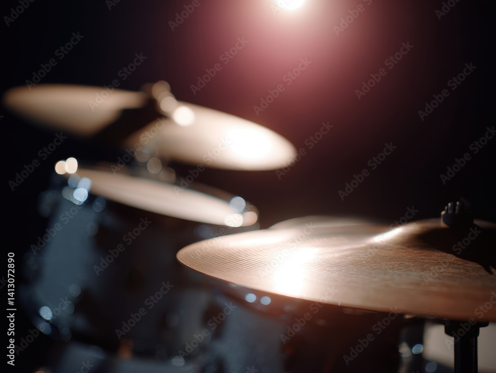 Naklejka premium Drum set with glowing cymbals under spotlight creates dramatic effect
