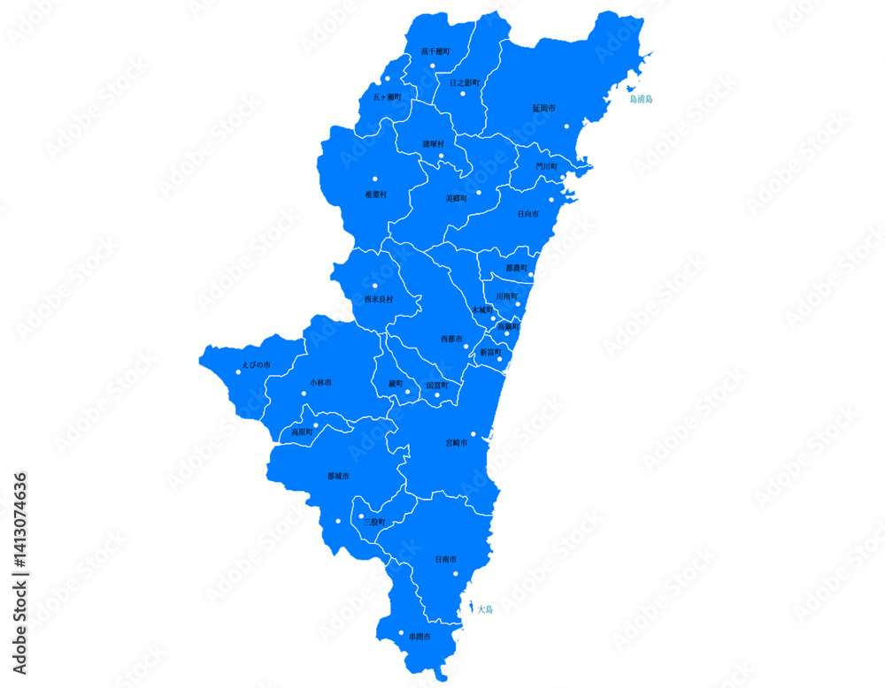 Obraz premium 宮崎県 地図 ブルー 斑点 イラスト