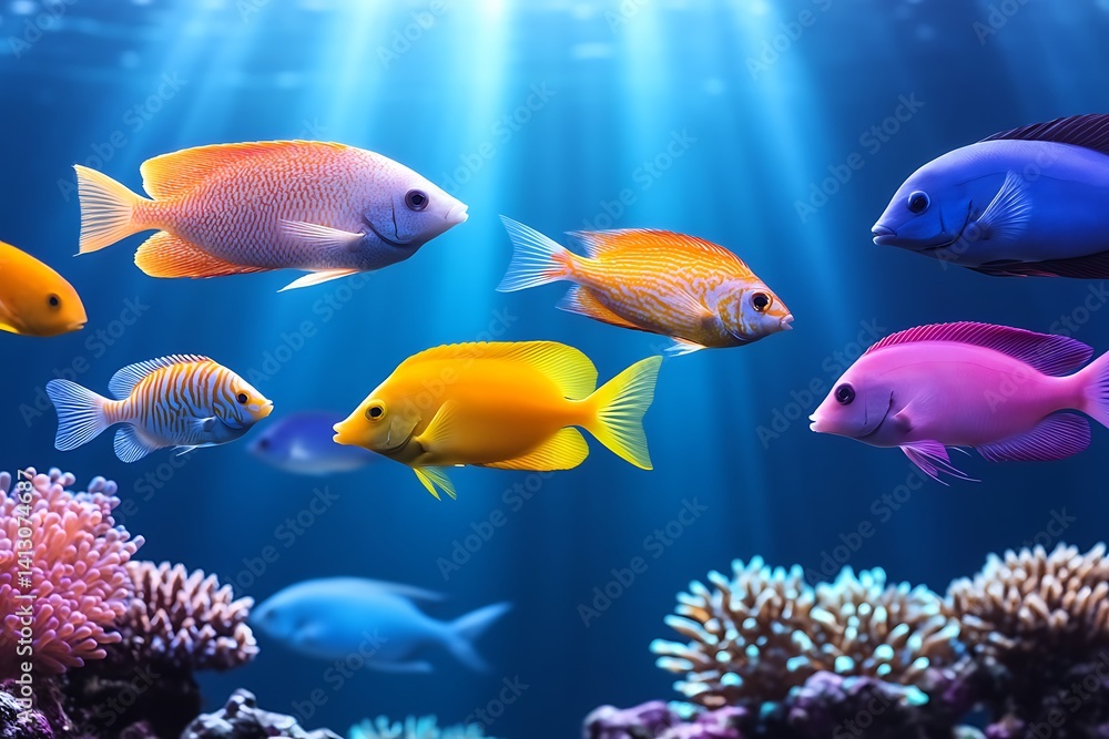 Naklejka premium Aquatic Realm Colorful Fishes Swimming Freely in Ocean Sunlight Sea Life Underwater Scene Peaceful Serenity