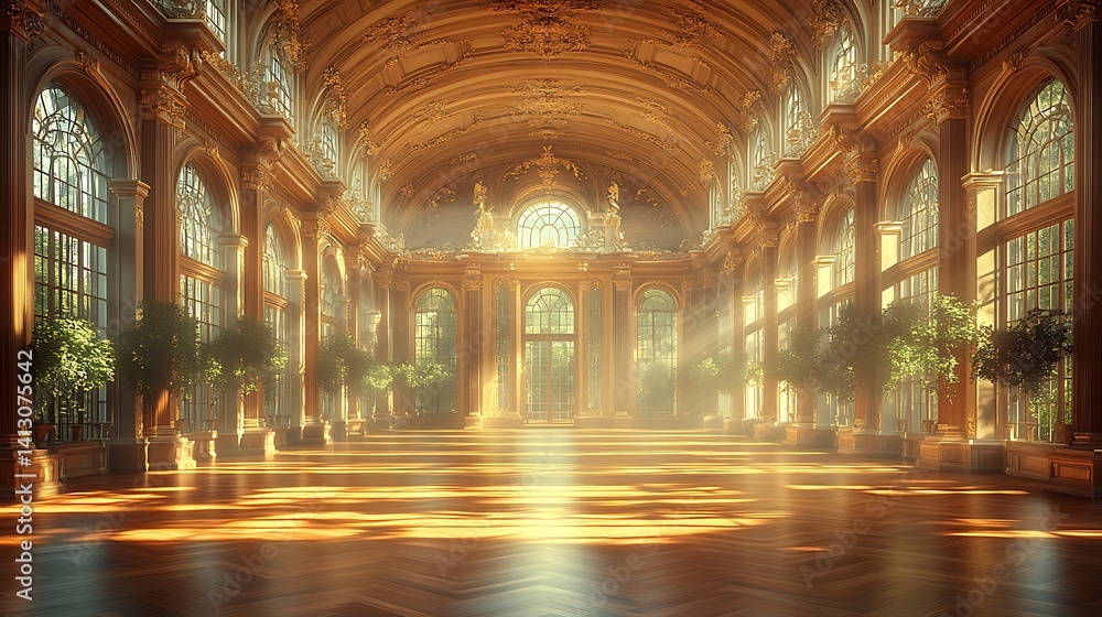 Obraz premium Golden sunlight floods a grand, ornate palace hall.