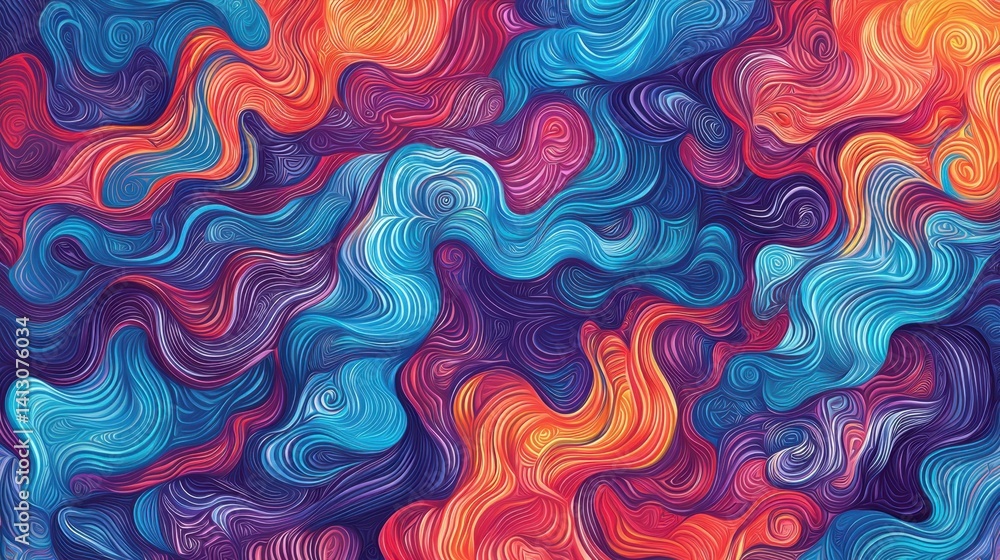 Swirling patterns of bright colors blend seamlessly, creating an energetic and captivating composition. The artwork showcases lively blues, oranges, and purples vividly Swirling patterns of bright colors blend seamlessly, creating an energetic and captivating composition. The artwork showcases lively blues, oranges, and purples vividly