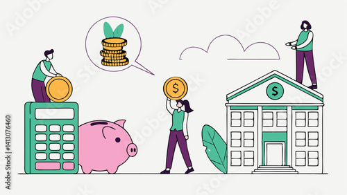 Investment And Savings Concept Depicts Banking Finance Growth With Calculator Piggy Bank And People