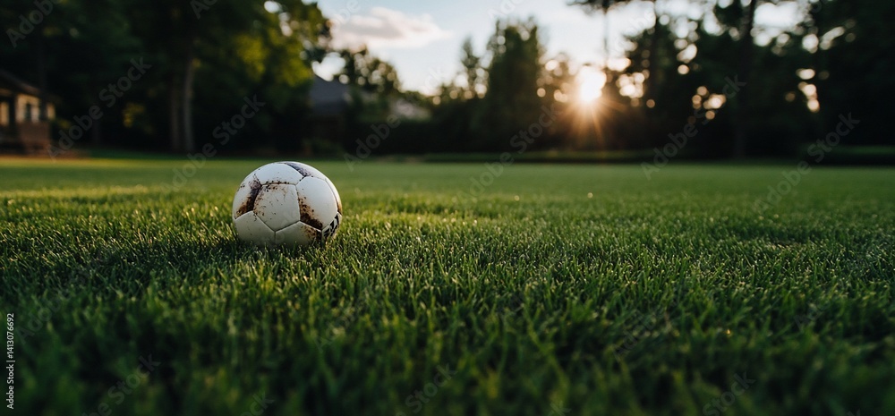 Obraz premium Soccer ball on a grassy field at sunset (1)