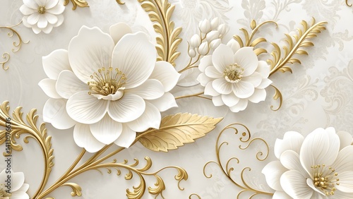 Elegant Modern And Luxury White And Golden 3D Flowers With White Background