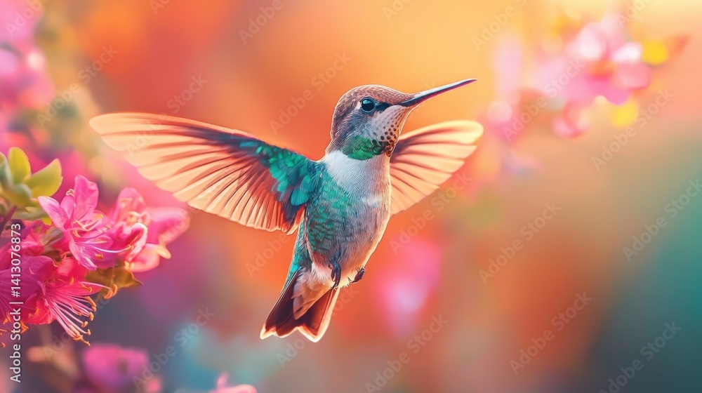 Fototapeta premium A hummingbird flits gracefully near blooming pink flowers, enjoying the sweet nectar in a bright garden. The colorful bird showcases iridescent feathers in the warm sunlight