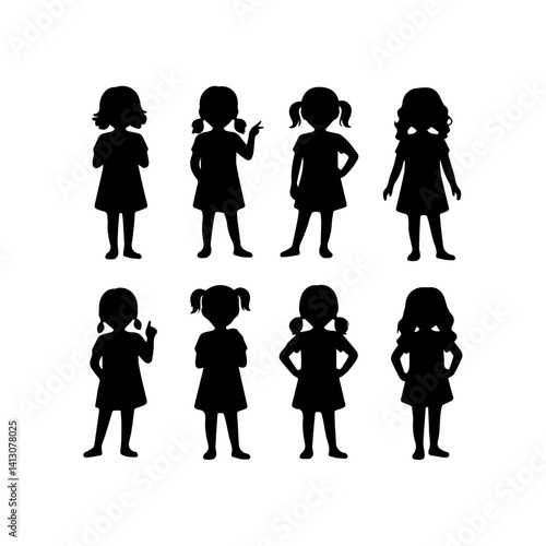 Silhouette of a little girl standing outdoors against a white background