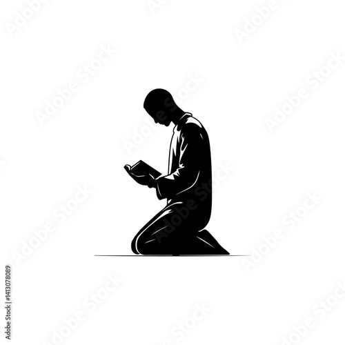 Muslim Man Reading Holy Quran and Praying Silhouette