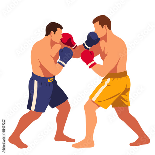 Two boxers fighting in a ring against a plain background  