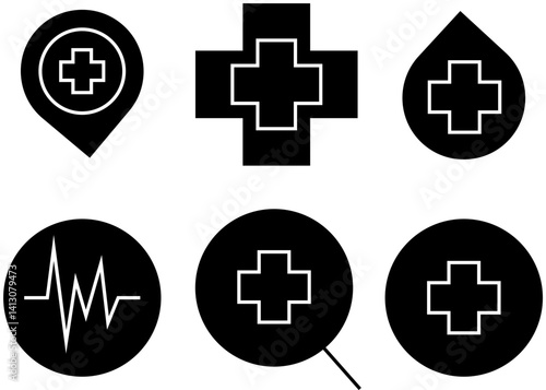 Medical icons: map marker, magnifier, medical cross, heartbeat, blood drop, circular health symbols for diagnostics and aid – Transparent Background.
