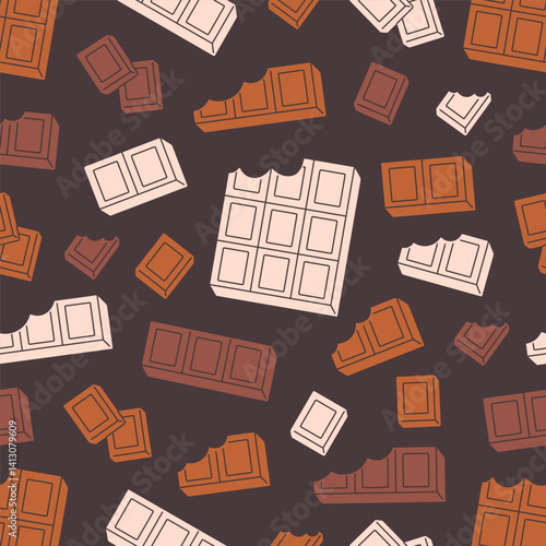 Seamless pattern with sweets chocolate bars. World Chocolate day. Design for banner, wallpaper, textile, wrapping paper, background, cards. Vector illustration in flat style