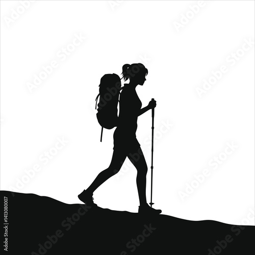 Silhouette of a Woman Hiking Up a Hill./A strong, confident female silhouette is depicted hiking uphill, carrying a backpack and using trekking poles.