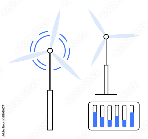 Two wind turbines generating energy with a battery charge indicator showing varying power levels. Ideal for renewable energy, sustainability, green solutions, eco-innovation, power generation