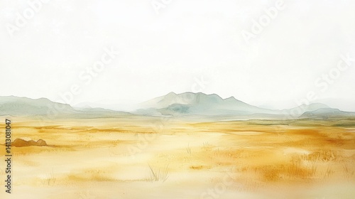 A tranquil desert vista showcases rolling hills and distant mountains, bathed in soft hues of brown and beige, reflecting the stillness of the landscape under a light sky