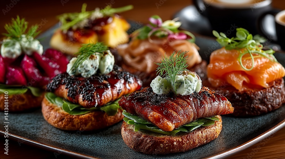Exquisite appetizer selection featuring various small, gourmet sandwiches Exquisite appetizer selection featuring various small, gourmet sandwiches