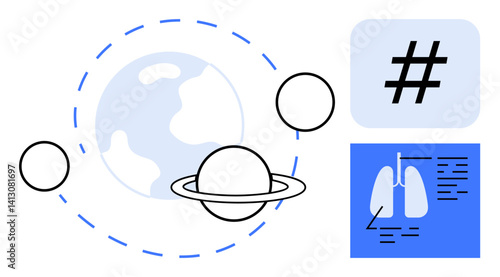Planet in orbit with rings, metadata tag sign in blue square, lung anatomy diagram in blue rectangle. Ideal for education, science, healthcare, space, research, digital media simple landing page