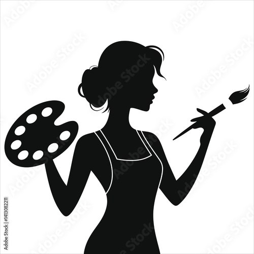 Silhouette of a woman artist holding paintbrush and palette./A stylish black silhouette of a woman artist, shown in profile view, holding a paintbrush and palette.