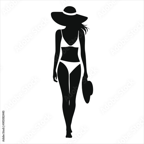 Stylish woman in a sun hat and bikini silhouette./A bold, simple silhouette of a woman wearing a large-brimmed hat and a white bikini.