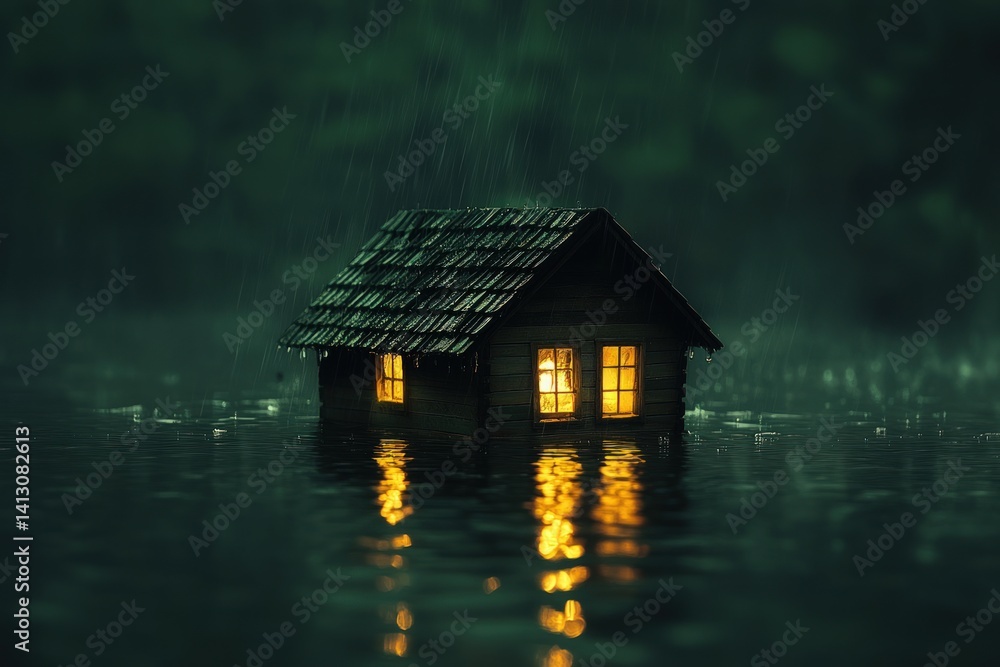 Fototapeta premium Small wooden house afloat in a flooded area during a rainstorm