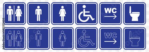 linear Restroom icon set. male and female toilet symbols. disabled icon. gender icon. restroom pictogram. Elevator and stairs public signage. WC signage on Transparent Background. EPS 10.