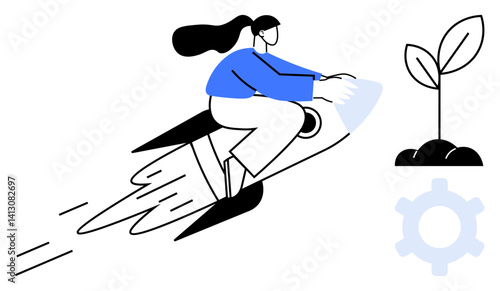 Woman riding a rocket representing ambition and progress, plant signifying growth, and gear for innovation. Ideal for entrepreneurship, success, sustainability, leadership, future, strategy