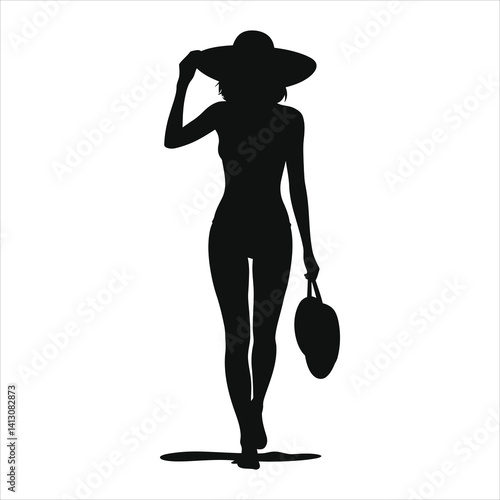 Stylish woman in a hat and swimsuit, walking with a bag, silhouette./A simple silhouette of a woman in a large-brimmed hat, swimsuit, and carrying a bag.
