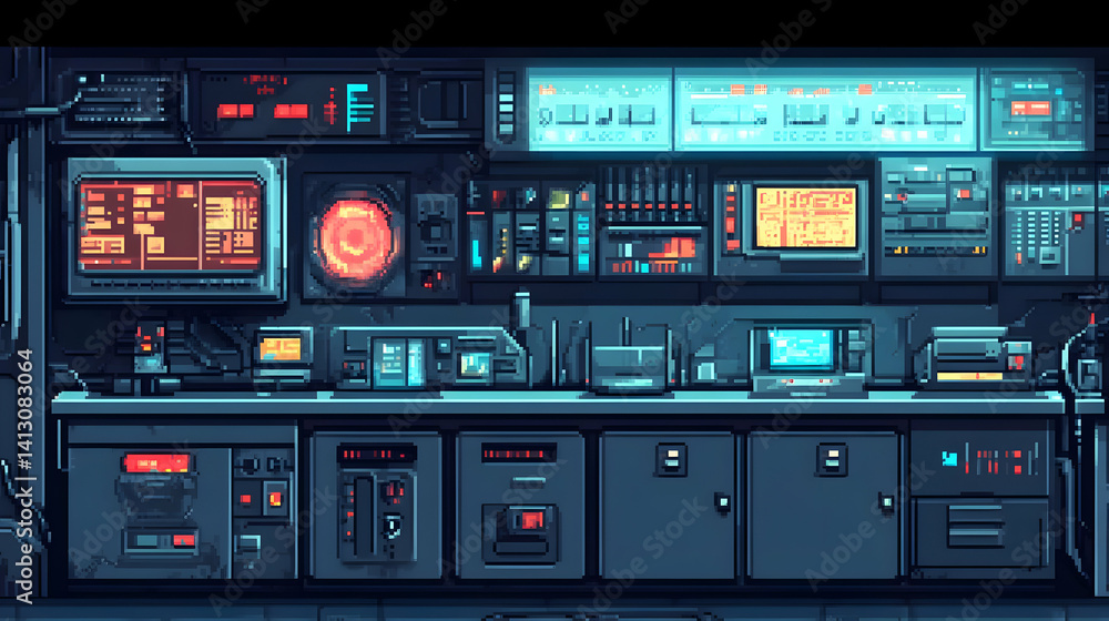 Retro Futuristic Dark Control Panel Featuring an Array of Digital Displays and Intricate Electronic Components with a Dominant Blue and Red Color Scheme Retro Futuristic Dark Control Panel Featuring an Array of Digital Displays and Intricate Electronic Components with a Dominant Blue and Red Color Scheme
