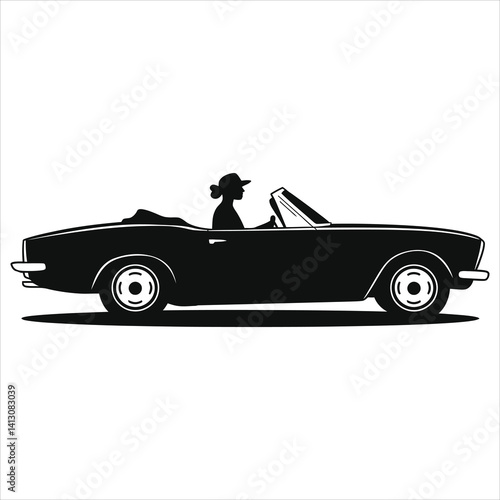 Classic Convertible Silhouette of a Woman Driver/A sleek, black and white silhouette of a woman driving a vintage convertible.