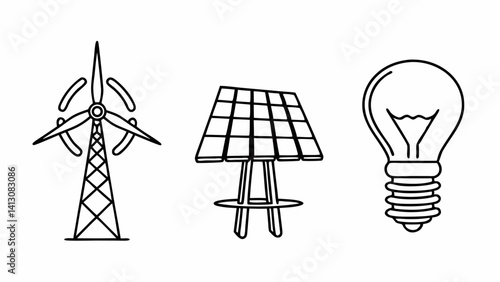 "Electricity icon set with clean outline design: includes wind turbine, power grid, and energy-saving bulb — suitable for renewable energy platforms and UI kits."