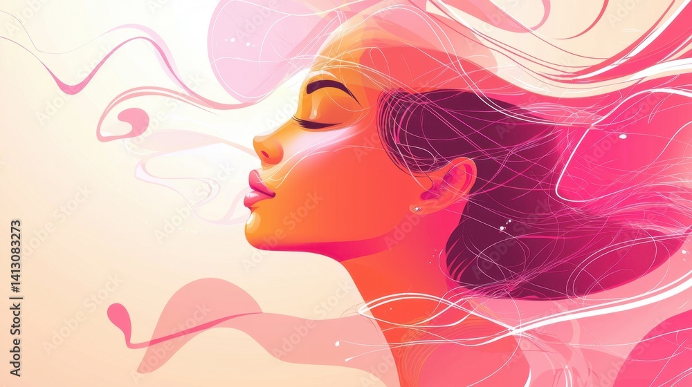 A serene woman with flowing pink hair enjoys a moment of tranquility, her expression peaceful as the warm colors blend A serene woman with flowing pink hair enjoys a moment of tranquility, her expression peaceful as the warm colors blend