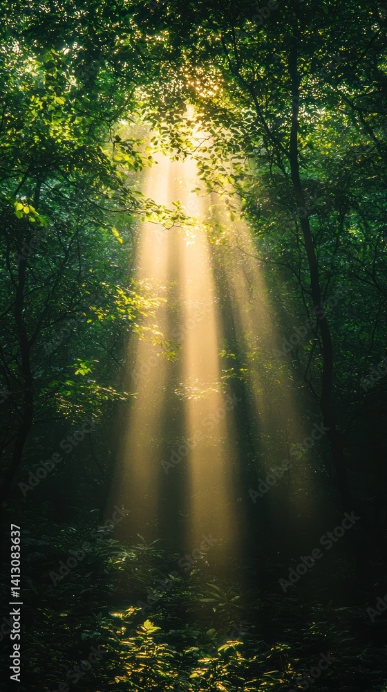 Fototapeta premium Ethereal Sunlight Filtering Through Verdant Canopy in a Mystical Forest