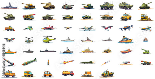 Cartoon army and military vehicle icon set in colorful style representing transport, weapons, and aircraft on white background