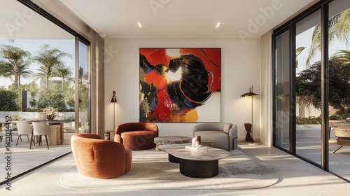 Modern Home Interior Living Room with Art, Outdoors View