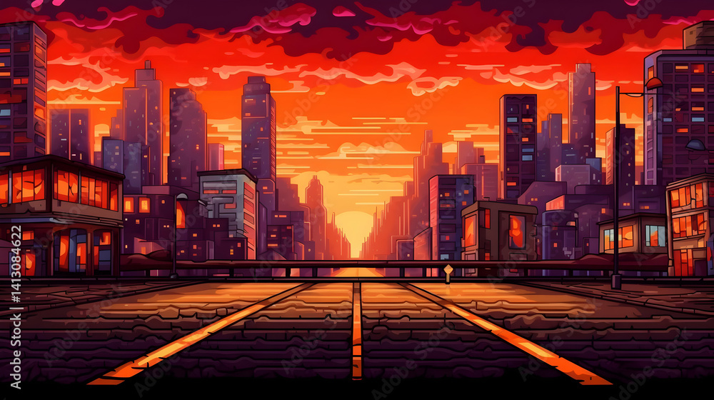 Fototapeta premium Retro Pixel Art Cityscape at Sunset with Orange Sky and High Rises Along Empty Street and Road in Evening