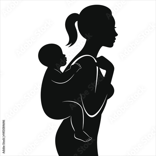 Silhouette of a Mother Carrying Baby on Her Back/A simple, elegant silhouette of a mother carrying a baby on her back.
