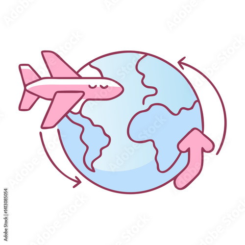 Airplane Traveling Around the Earth Illustration in Pastel Colors  