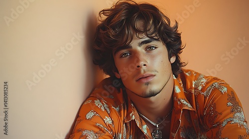 Close-up portrait of a young man leaning against a peach wall.