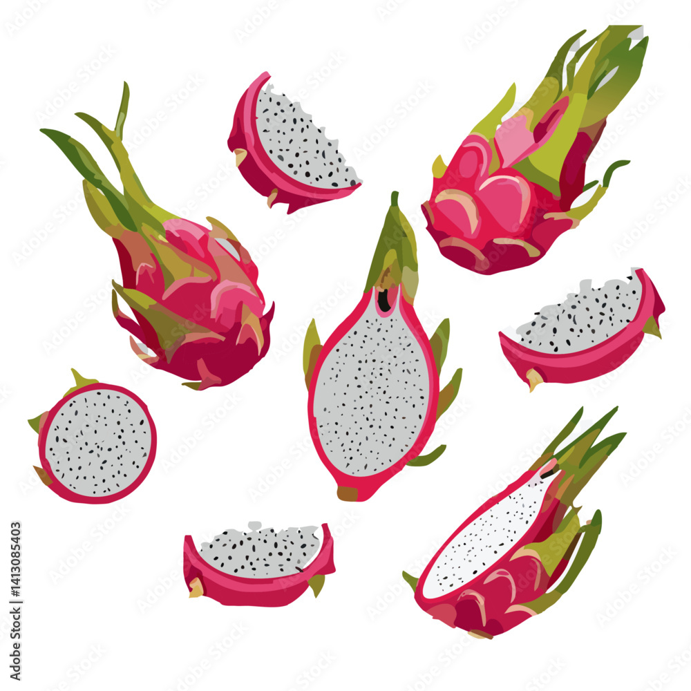 set of dragon fruits falling vector design