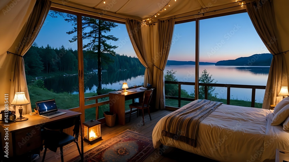 Fototapeta premium hotel room at night with beach