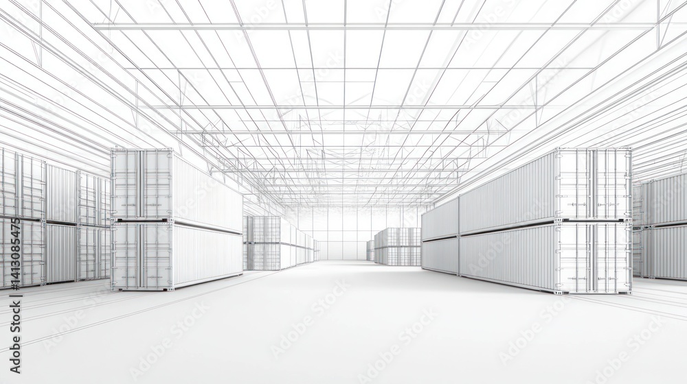 Fototapeta premium Interior of a warehouse, empty white containers, architectural design