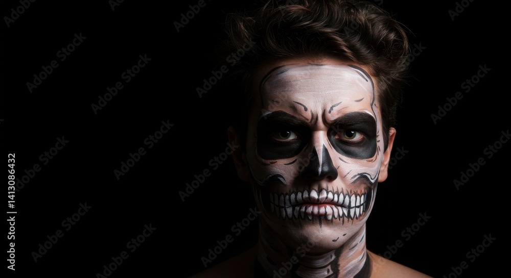 Striking portrait of a person adorned with skeleton-themed face paint, featuring bold black and white designs against a dark background
Striking portrait of a person adorned with skeleton-themed face paint, featuring bold black and white designs against a dark background