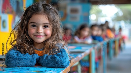 Wallpaper Mural Smiling Young Girl with Curly Hair at Colorful School Table with Other Children in Background Torontodigital.ca