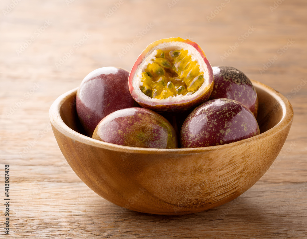 Obraz premium Passion fruit in an empty plate on a wooden table, top view. Tropical fruit still life