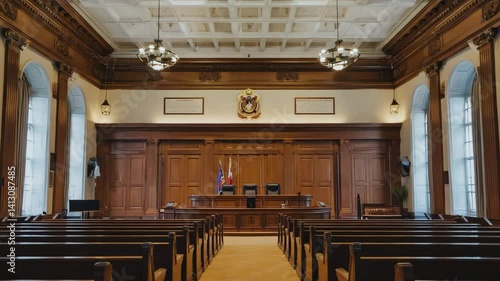 Empty courtroom with wooden benches and judge's bench