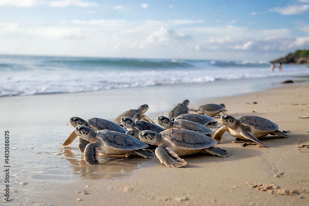 Lots of turtles on the beach. The turtles were released into the ocean. Turtles run to the water Lots of turtles on the beach. The turtles were released into the ocean. Turtles run to the water