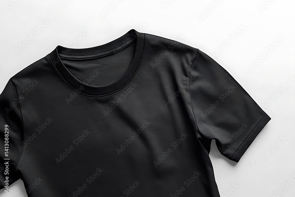 Black T-shirt with Sharp Neckline and Smooth Texture Black T-shirt with Sharp Neckline and Smooth Texture