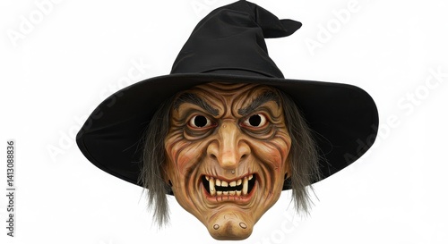 Scary witch mask with a black hat and evil expression on a white background with copy space
