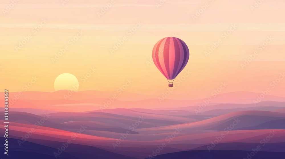 Fototapeta premium A vibrant hot air balloon ascends gracefully over rolling hills as the sun rises, casting warm light over the vast landscape filled with soft pastel colors