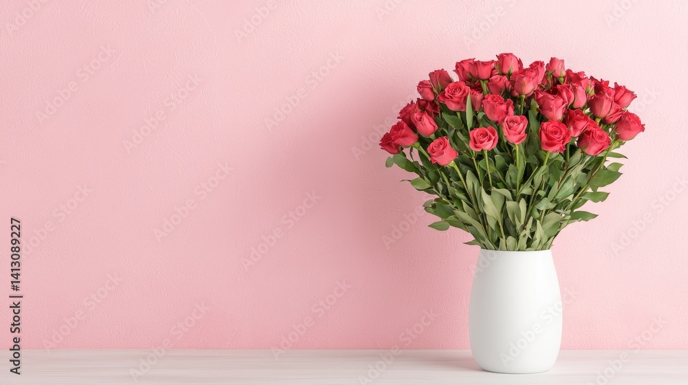 Fototapeta premium Red rose bouquet pink background romantic floral photography valentine anniversary